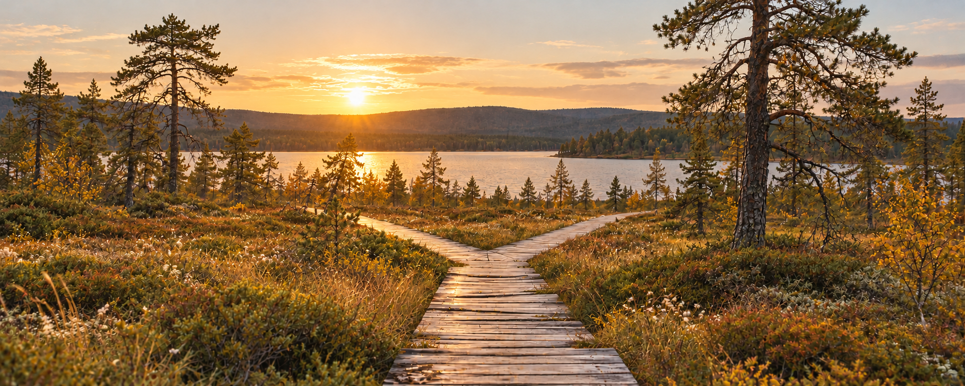 Pitkospuut haarautuvat Y:n muotoisesti auringonlaskun aikaan järvimaisemassa.