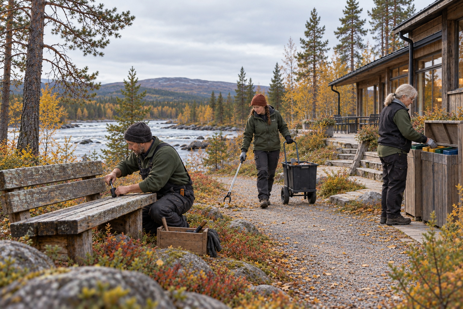 Kolme ihmistä huoltaa penkkiä, kerää roskia ja hoitaa lajittelupistettä Lapin syksyisessä matkailuympäristössä.